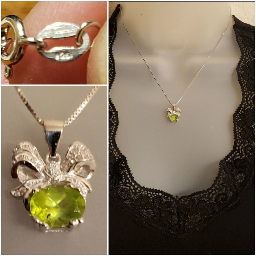 Dainty Bowtie Peridot Green Pendant Sterling Silver Necklace